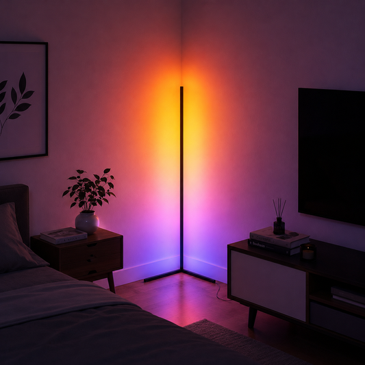 מנורת רצפה פינתית חכמה LED RGB – מנורה עומדת עם תאורת אווירה צבעונית לסלון, לחדר שינה ולחדר גיימינג | מנורת פינה מודרנית, תאורת לד חכמה ודקורטיבית לבית